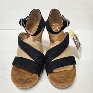 TOMS Women's Wedge Sandal, Clarissa, Black Textile w/Cork Wedge